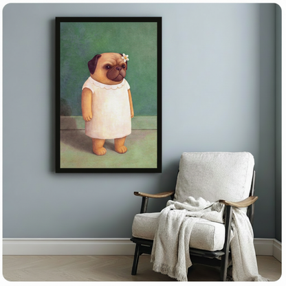 Vintage Pug Portrait White Dress Oil Painting Canvas
