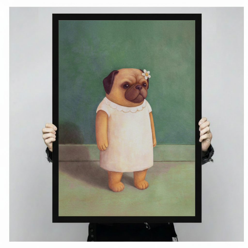 Vintage Pug Portrait White Dress Oil Painting Canvas