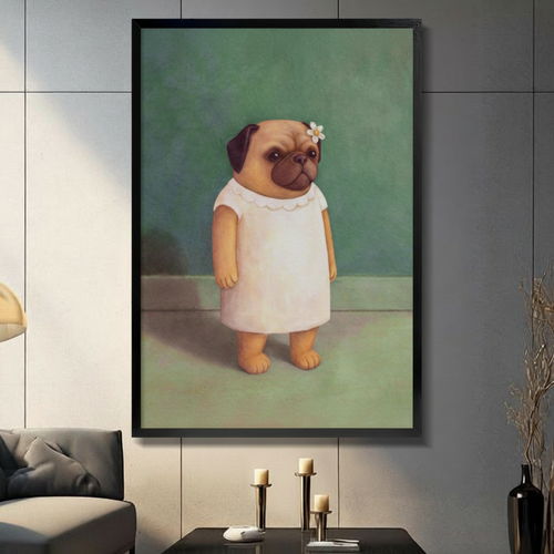 Vintage Pug Portrait White Dress Oil Painting Canvas