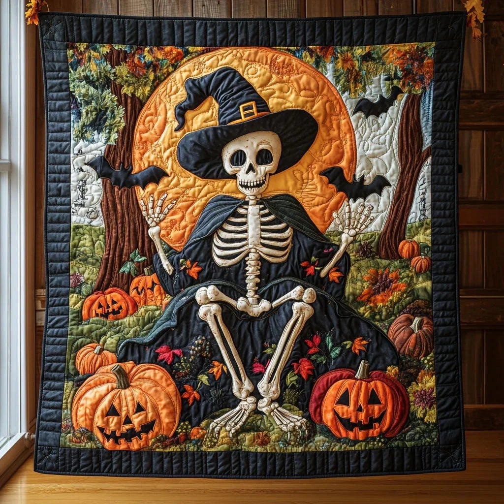 Pumpkin And Bones Quilt Blanket