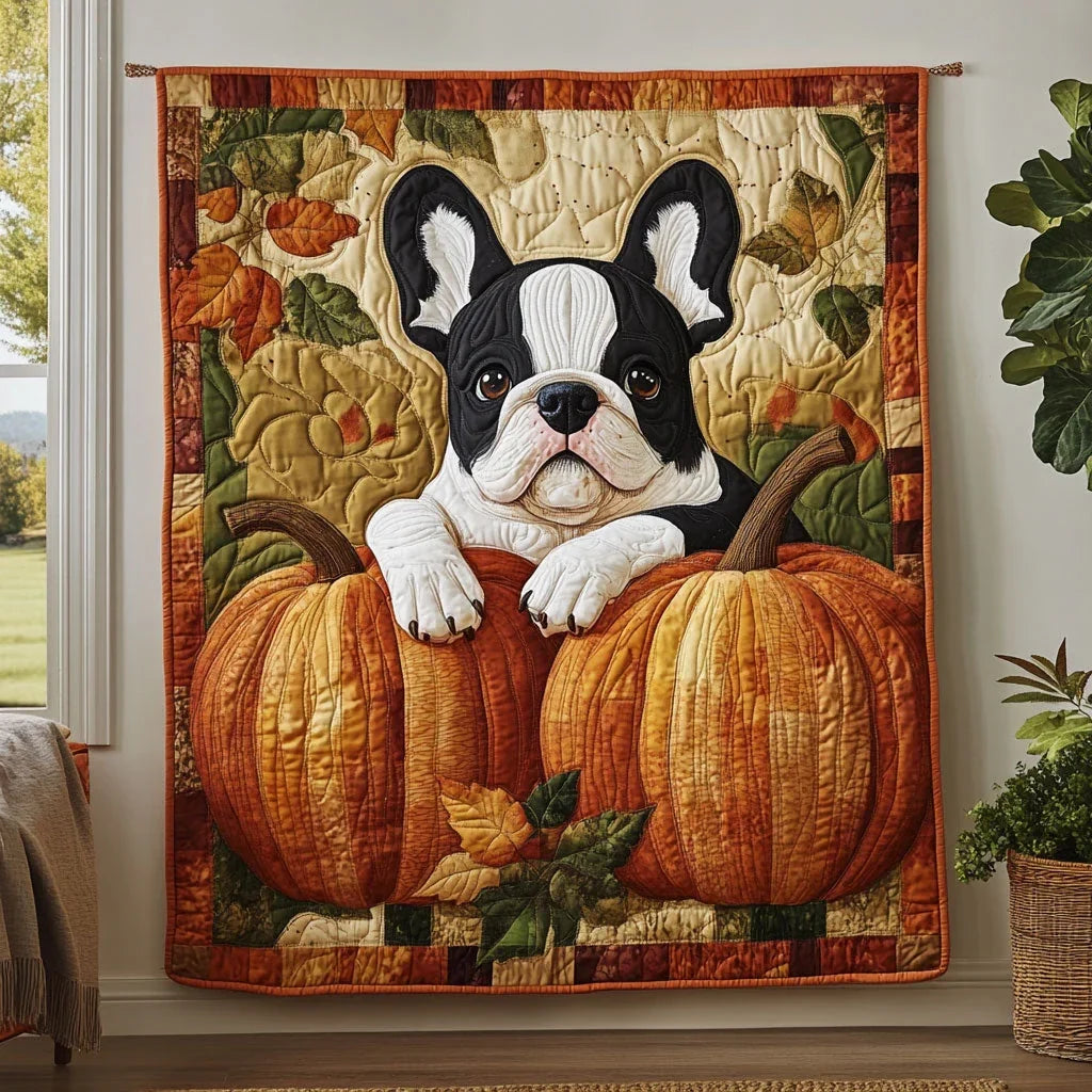Pumpkin Bulldog Quilt Blanket