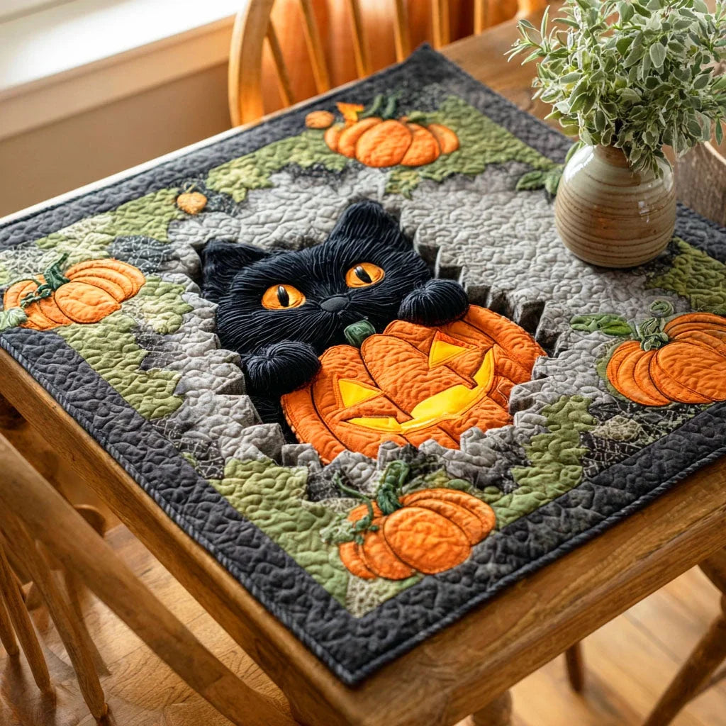 Pumpkin Cat Glow Quilted Table Topper