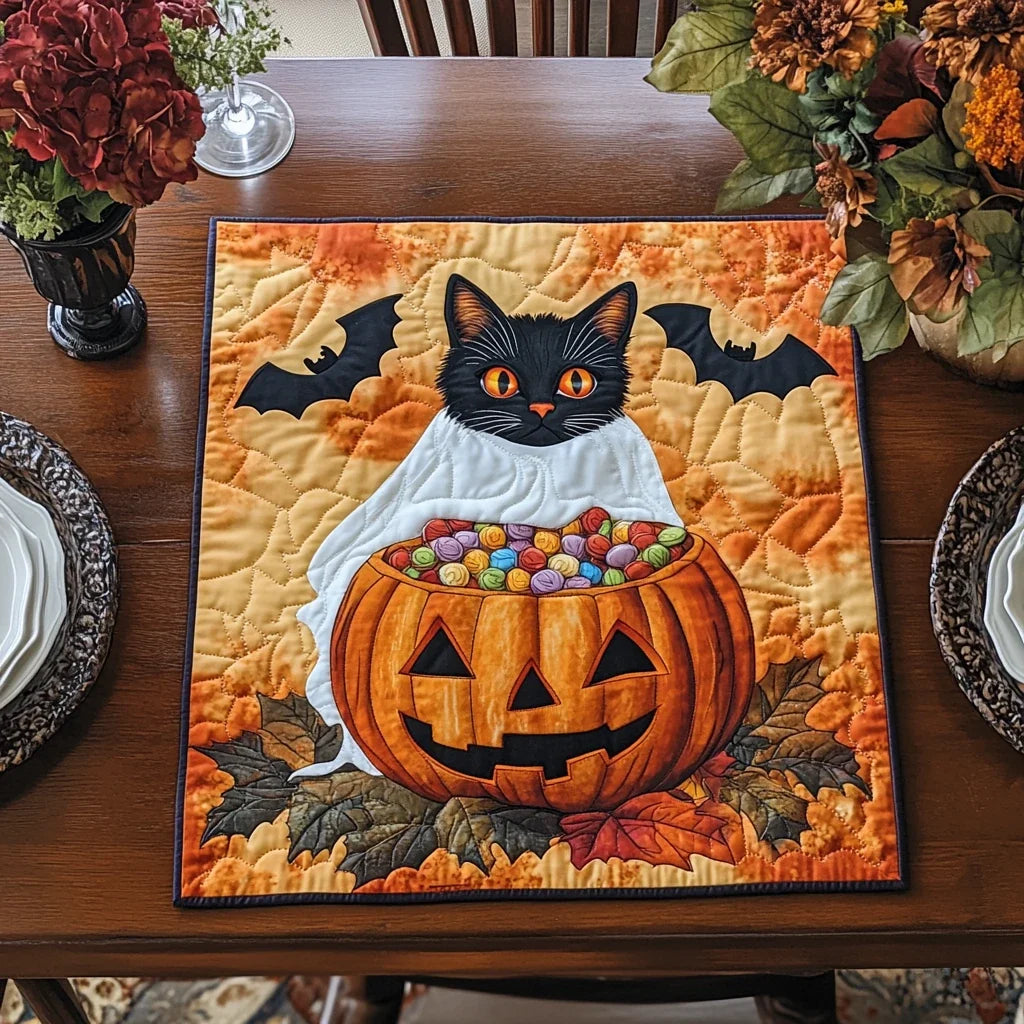 Pumpkin Cat Quilted Table Topper