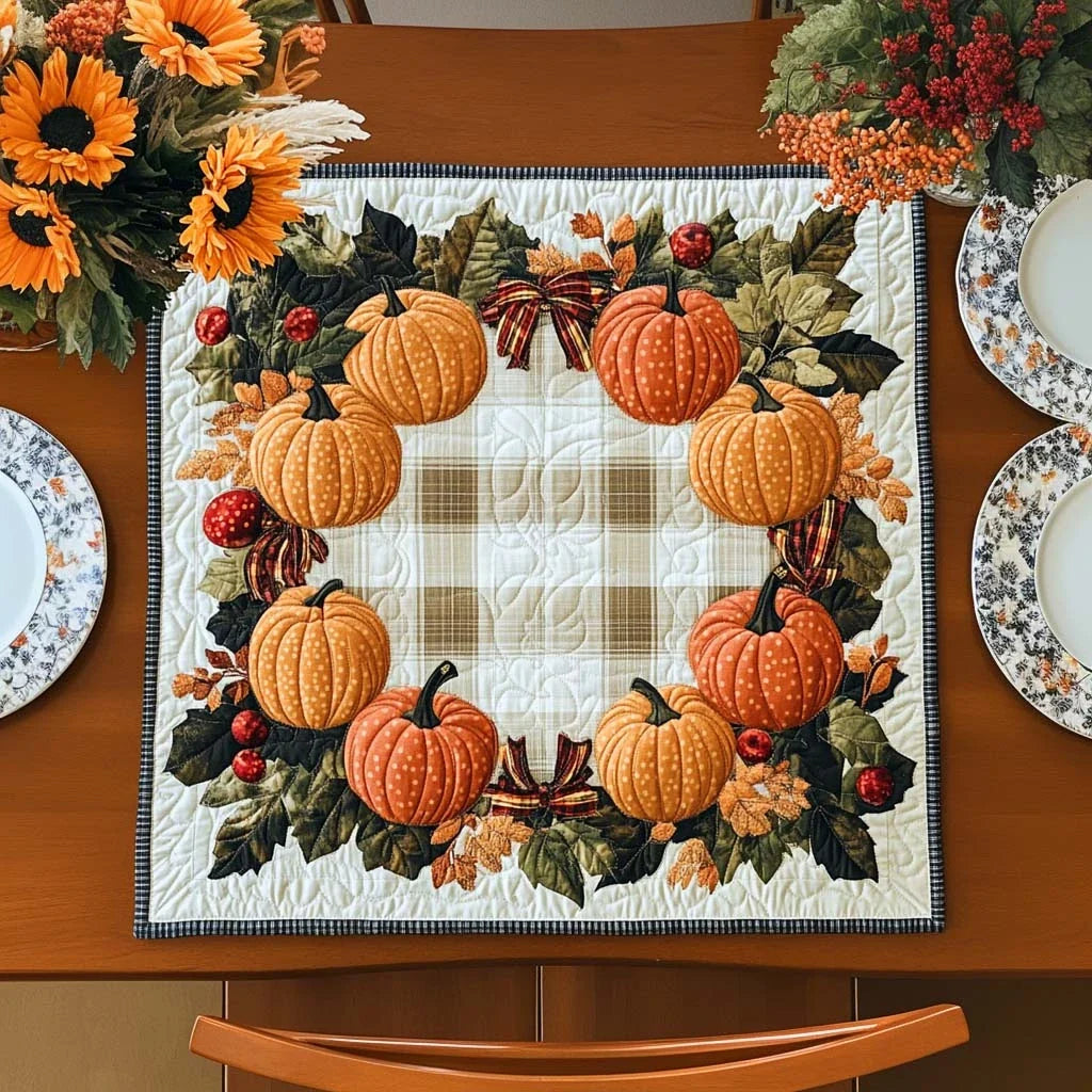 Pumpkin Wreath Charm Quilted Table Topper