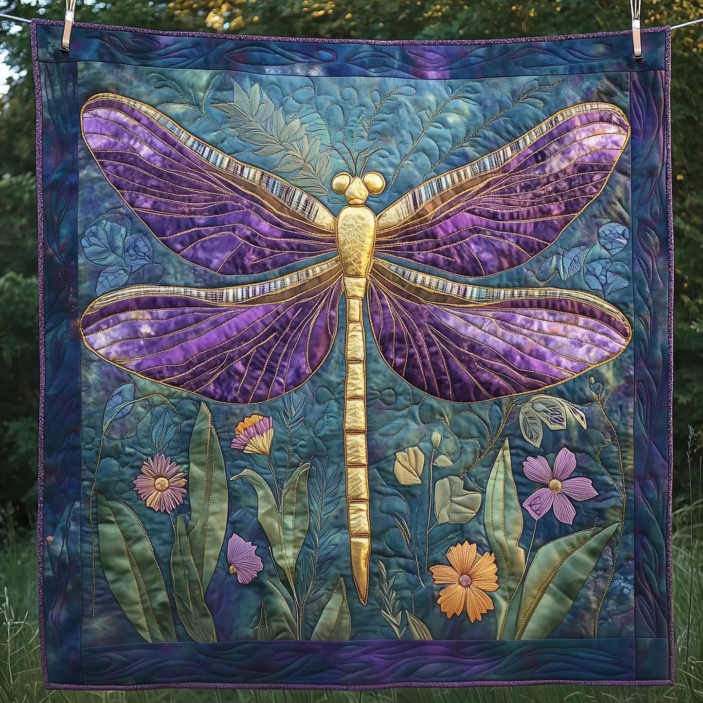 Purple And Golden Dragonfly Quilt Blanket
