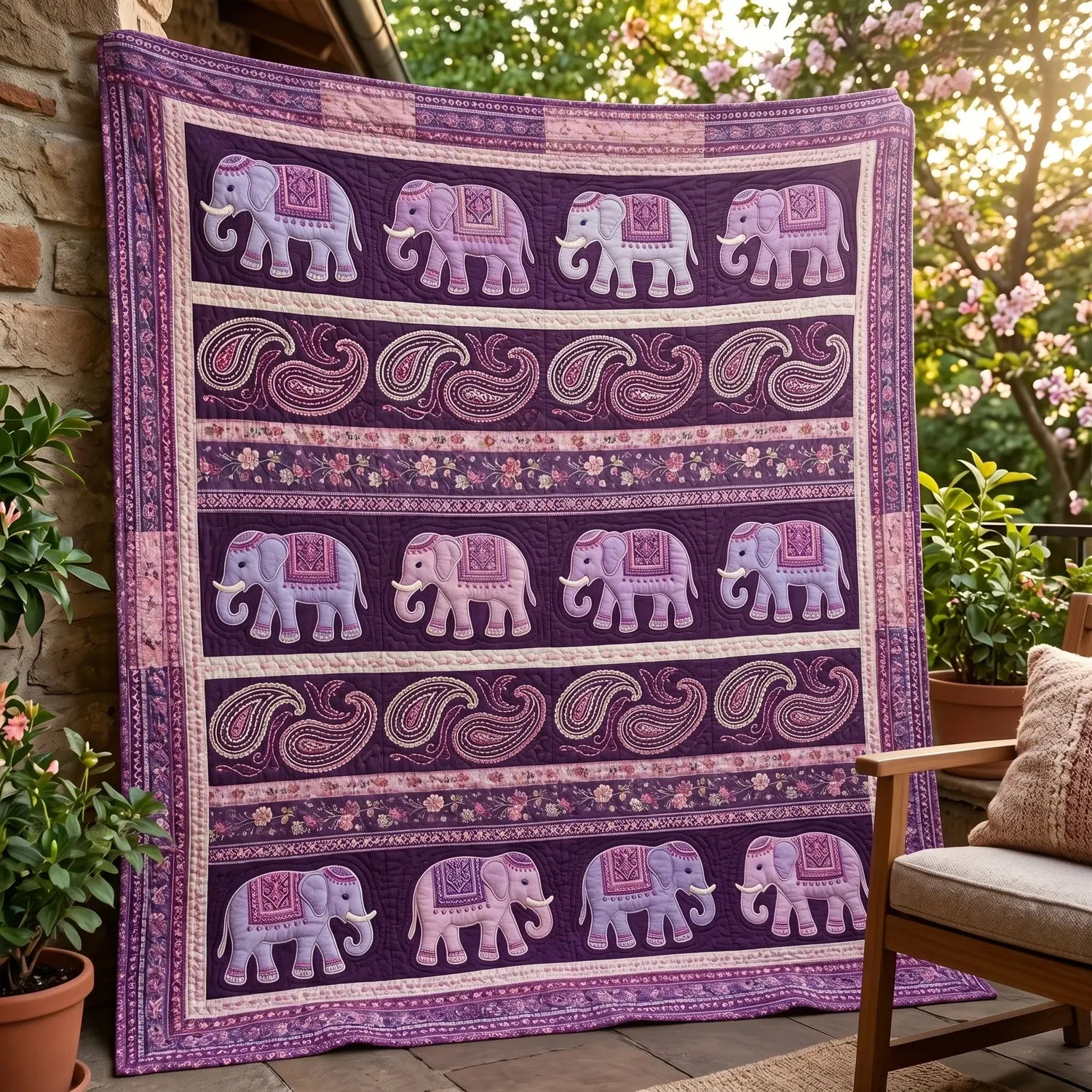 Purple Elephant Mandala Quilt Blanket