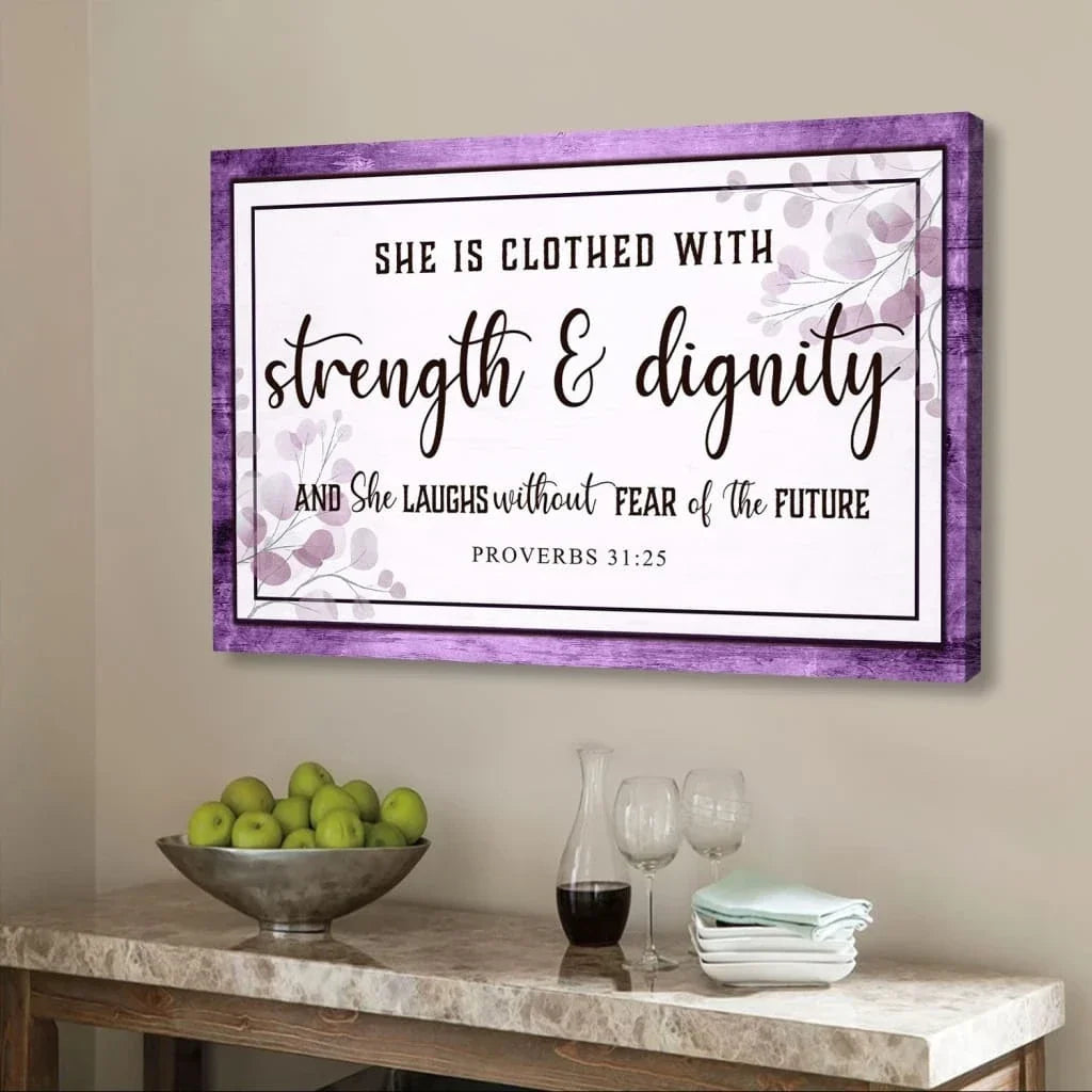 proverbs 31 25 wall art she is clothed with strength dignity wall art canvas (Landscape) (view 4)