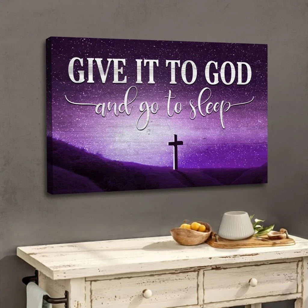 cross starry sky give it to god and go to sleep wall art canvas print (Landscape) (view 2)