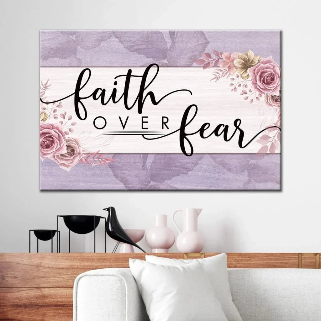 christian wall art faith over fear floral wall art canvas print (Landscape) (view 4)