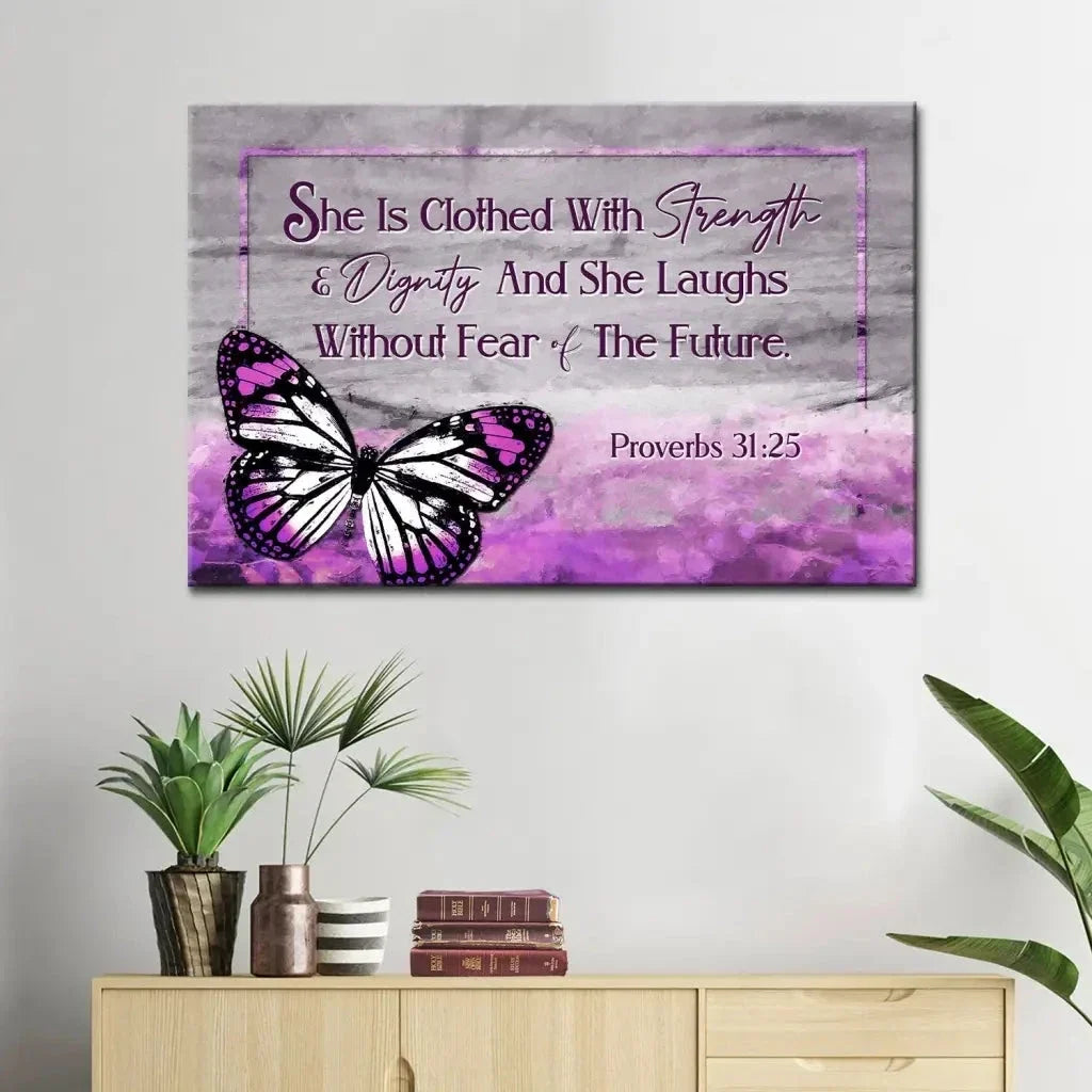 she is clothed with strength and dignity wall art canvas butterfly proverbs 31 25 bible verse art (Landscape) (view 5)