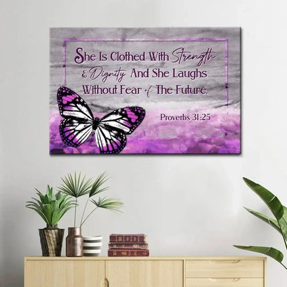 she is clothed with strength and dignity wall art canvas butterfly proverbs 31 25 bible verse art (Landscape) (view 5)
