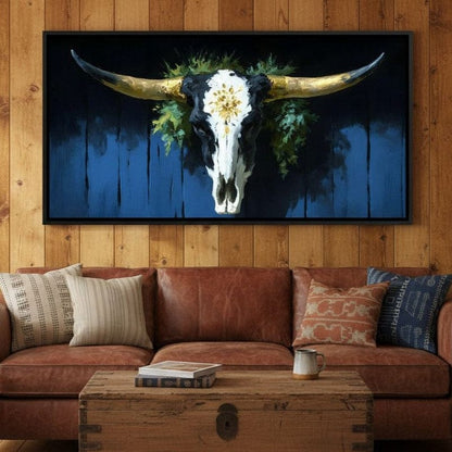 Golden Longhorn Skull Rustic Canvas Wall Art