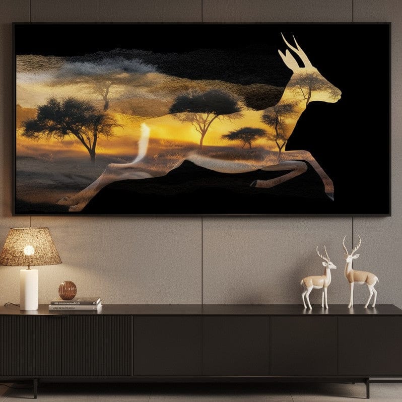 Golden Savanna Antelope Run Canvas Wall Art