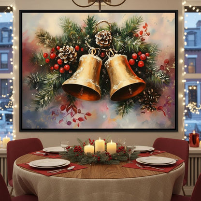 Golden Christmas Bells Garland Canvas Wall Art