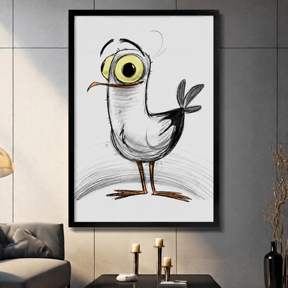 Quirky Big-Eye Bird Sketch Canvas Wall Art