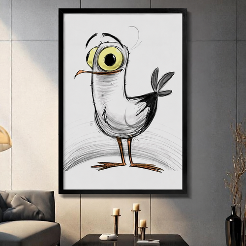 Quirky Big-Eye Bird Sketch Canvas Wall Art