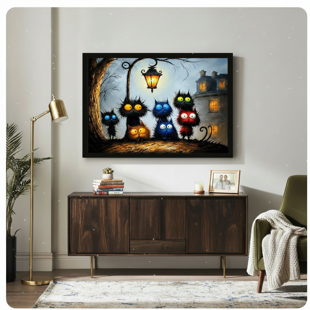 Whimsical Black Cats Night Street Canvas Art Wall Art