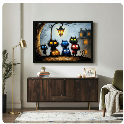 Whimsical Black Cats Night Street Canvas Art Wall Art