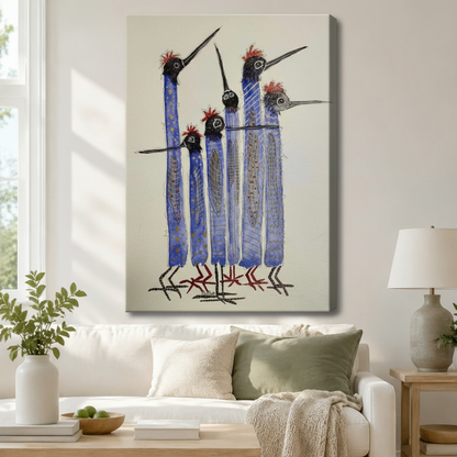 Whimsical Blue Bird Flock Framed Canvas Art Wall Art