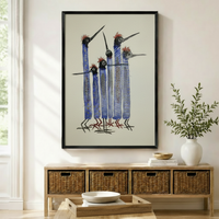 Whimsical Blue Bird Flock Framed Canvas Art Wall Art