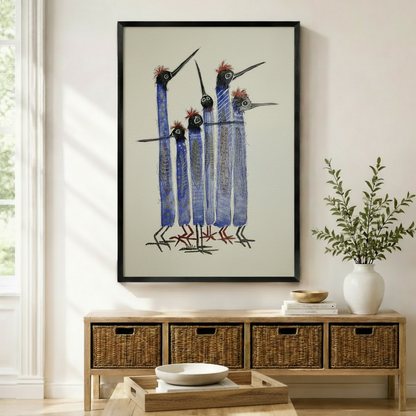 Whimsical Blue Bird Flock Framed Canvas Art Wall Art