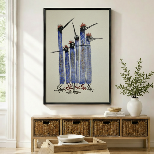 Whimsical Blue Bird Flock Framed Canvas Art Wall Art
