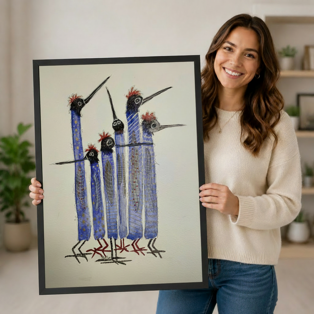 Whimsical Blue Bird Flock Framed Canvas Art Wall Art