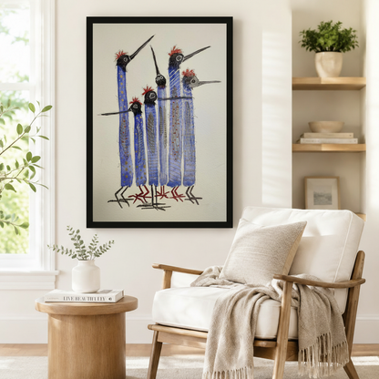 Whimsical Blue Bird Flock Framed Canvas Art Wall Art