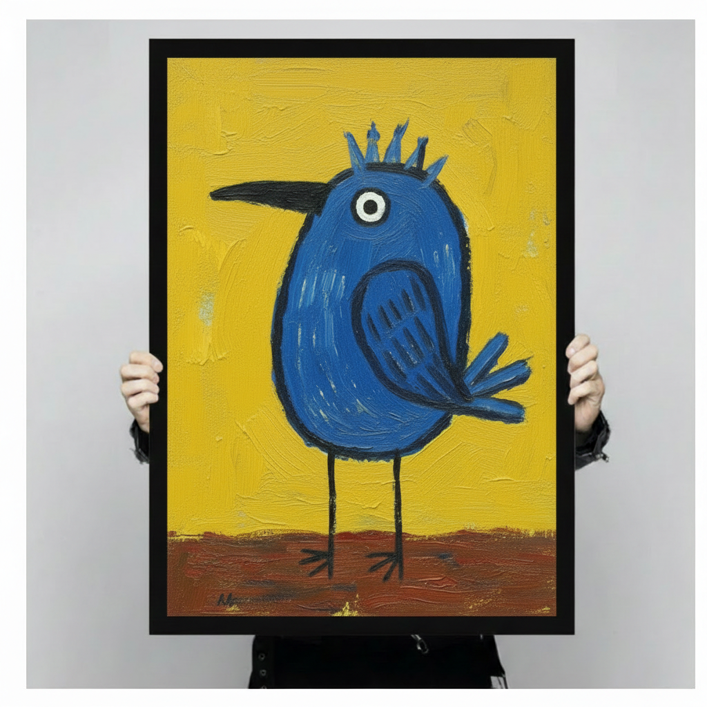 Blue Crown Bird Folk Art Canvas Wall Art