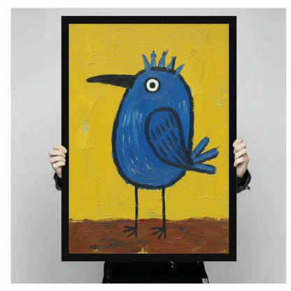 Blue Crown Bird Folk Art Canvas Wall Art
