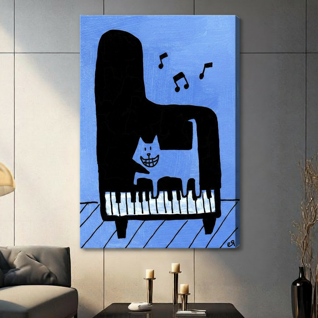 Jazz Cat Piano Funny Blue Canvas Wall Art