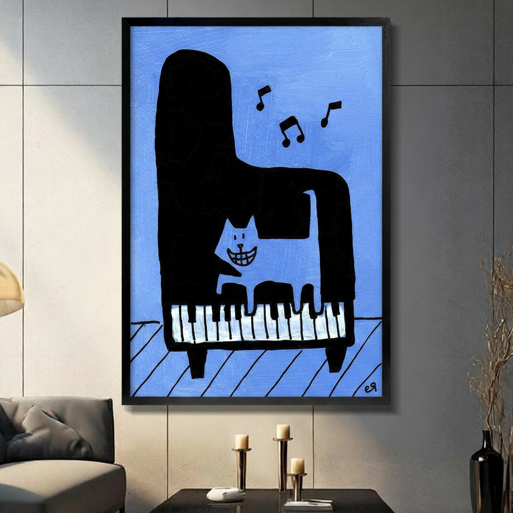 Jazz Cat Piano Funny Blue Canvas Wall Art