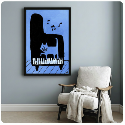 Jazz Cat Piano Funny Blue Canvas Wall Art