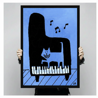 Jazz Cat Piano Funny Blue Canvas Wall Art