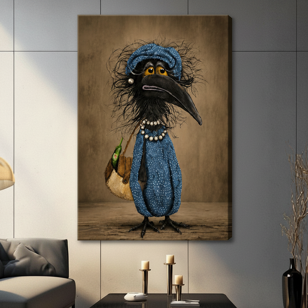 Whimsical Crow Lady Portrait Canvas Wall Art
