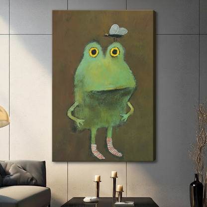 Whimsical Frog & Fly Framed Canvas Wall Art