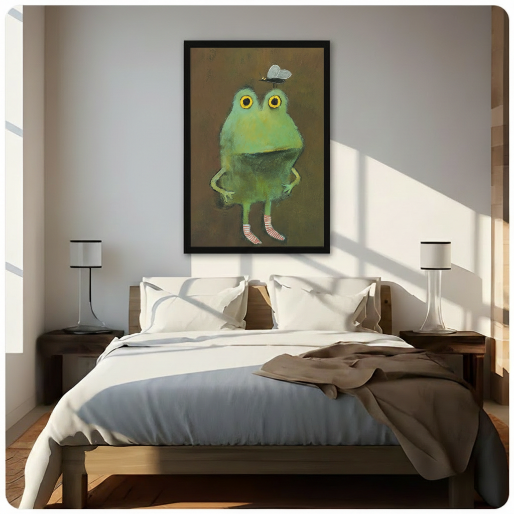 Whimsical Frog & Fly Framed Canvas Wall Art
