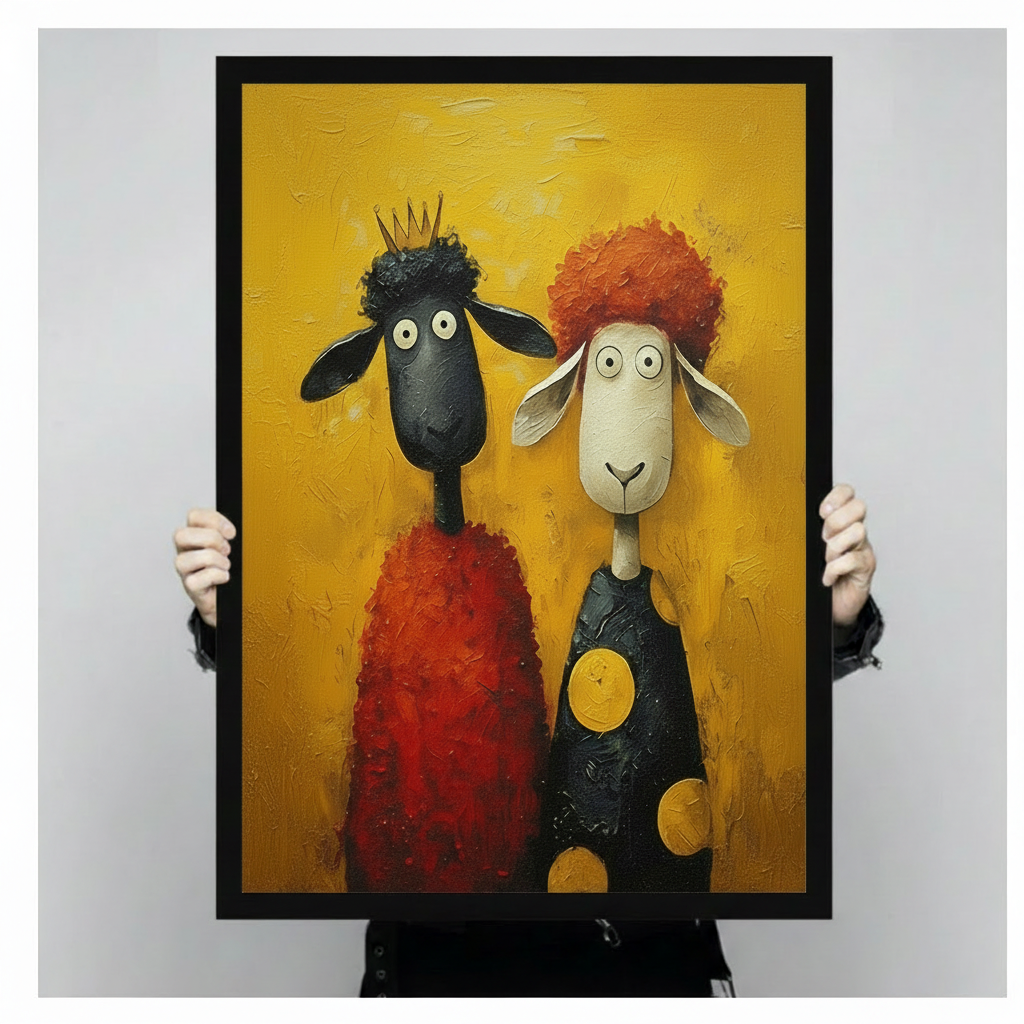 Quirky Sheep Duo Oil Canvas Wall Art