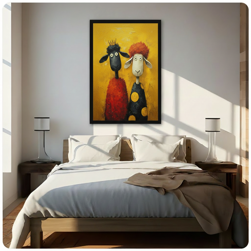 Quirky Sheep Duo Oil Canvas Wall Art