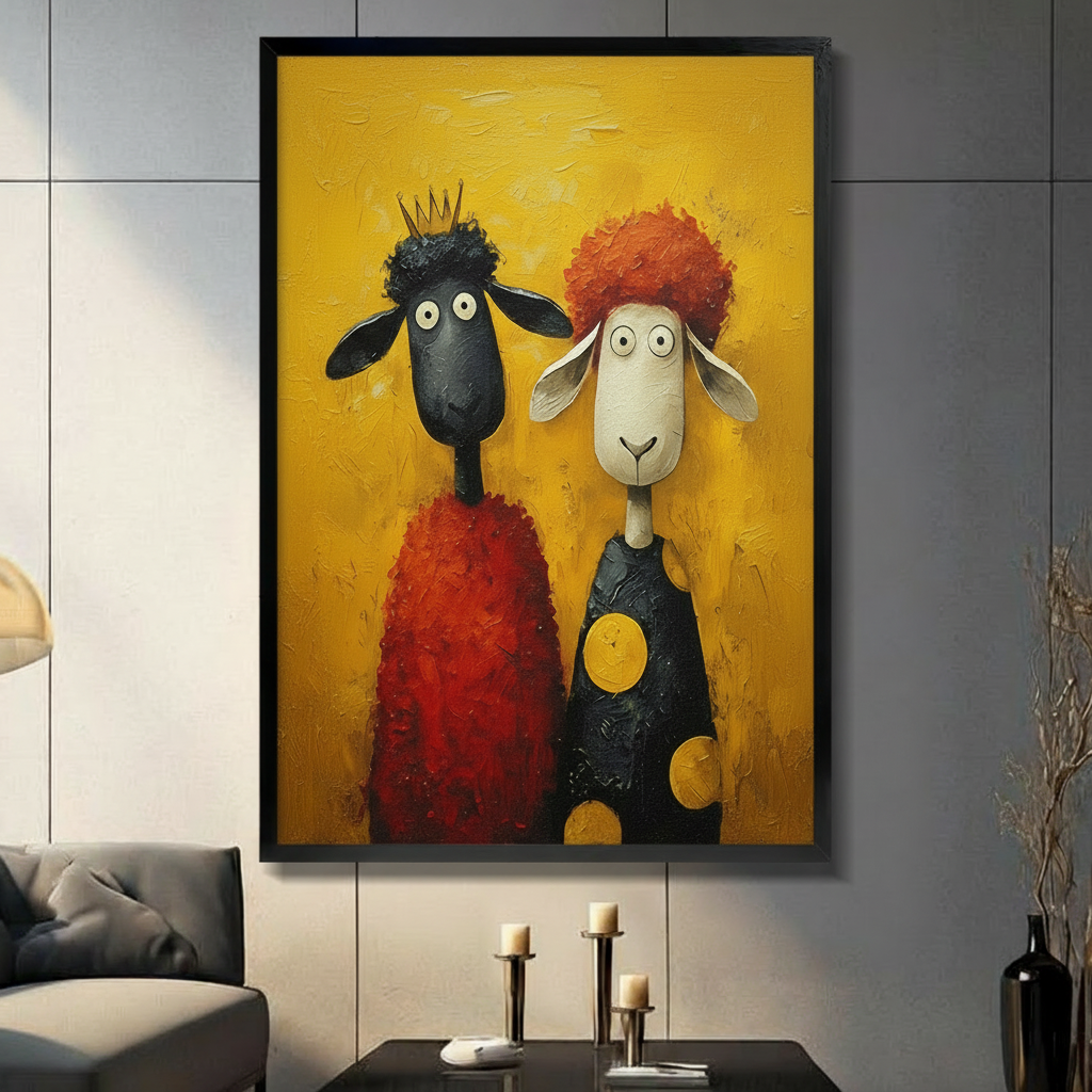 Quirky Sheep Duo Oil Canvas Wall Art