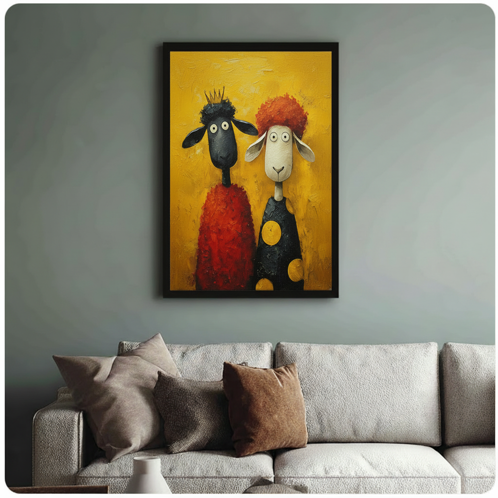 Quirky Sheep Duo Oil Canvas Wall Art