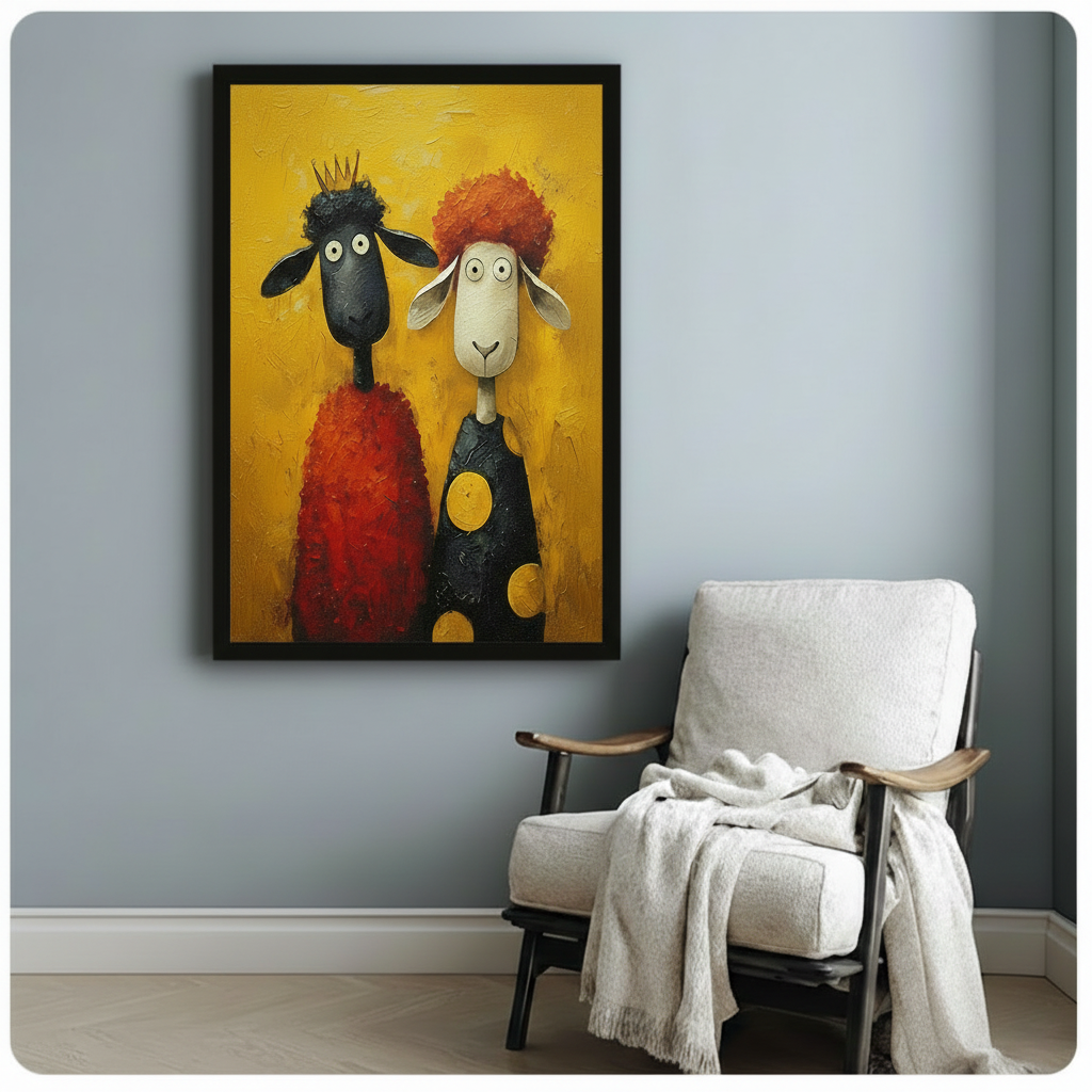 Quirky Sheep Duo Oil Canvas Wall Art