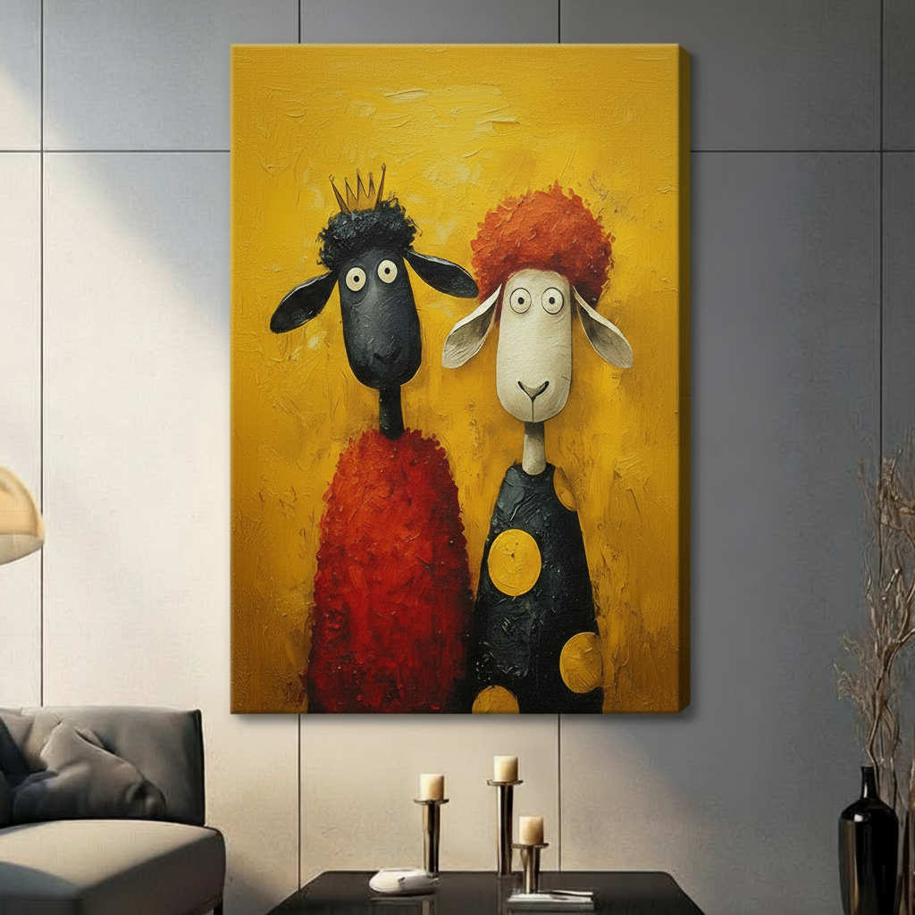 Quirky Sheep Duo Oil Canvas Wall Art