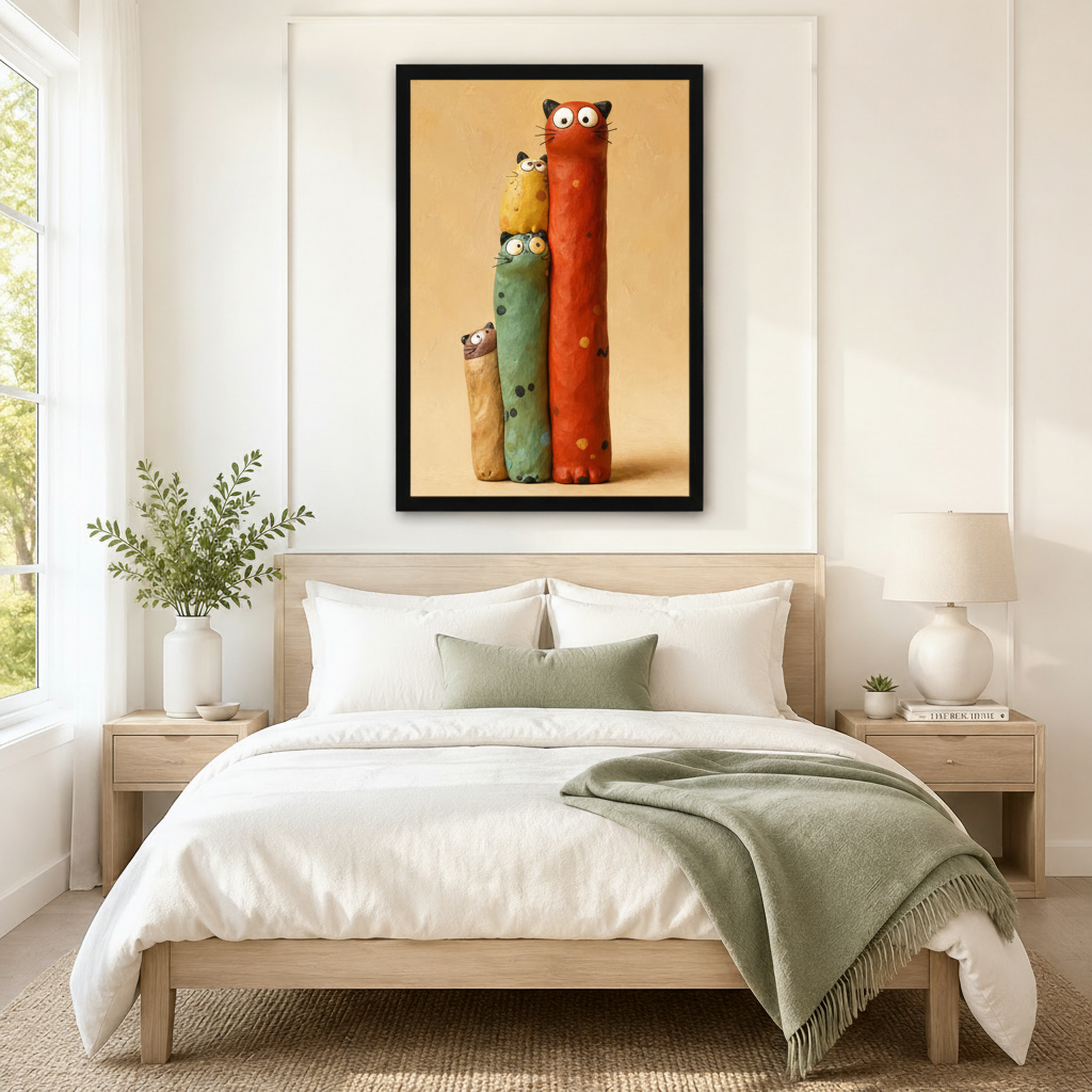 Colorful Stacked Cats Whimsical Canvas Wall Art