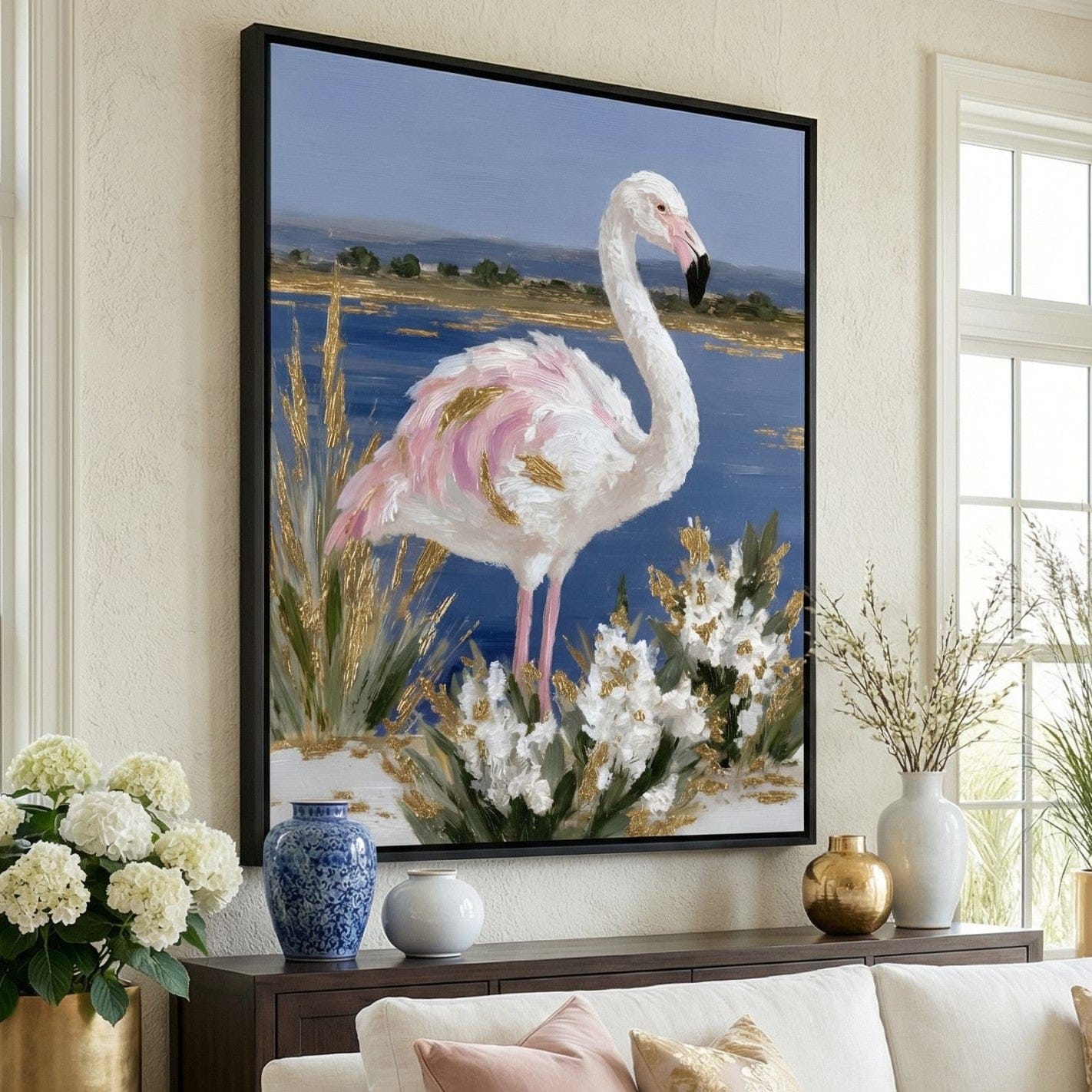 Coastal Flamingo Gold Glint Canvas Wall Art