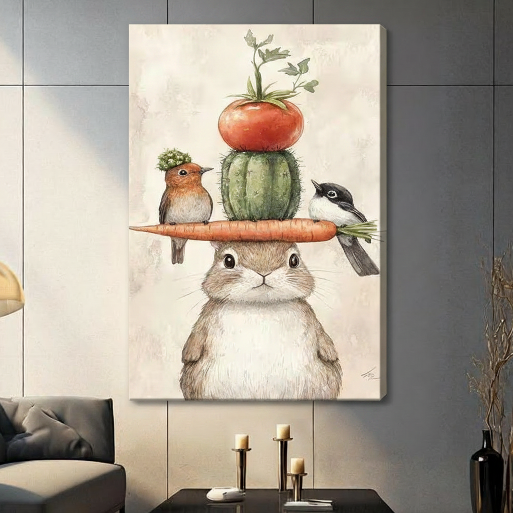 Whimsical Bunny Carrot Tower Birds Canvas Art