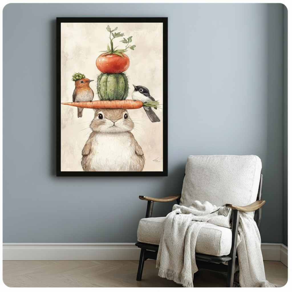 Whimsical Bunny Carrot Tower Birds Canvas Art