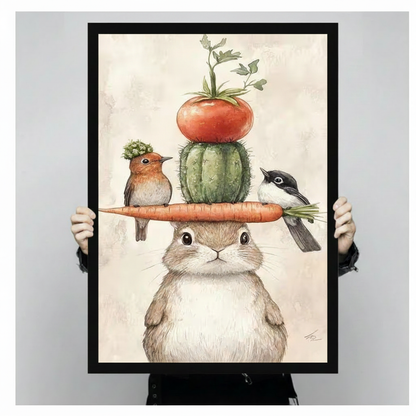 Whimsical Bunny Carrot Tower Birds Canvas Art
