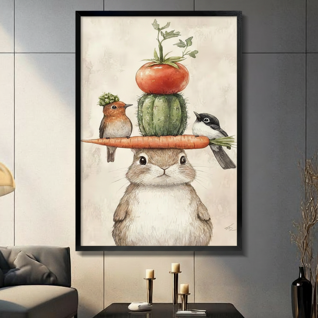 Whimsical Bunny Carrot Tower Birds Canvas Art
