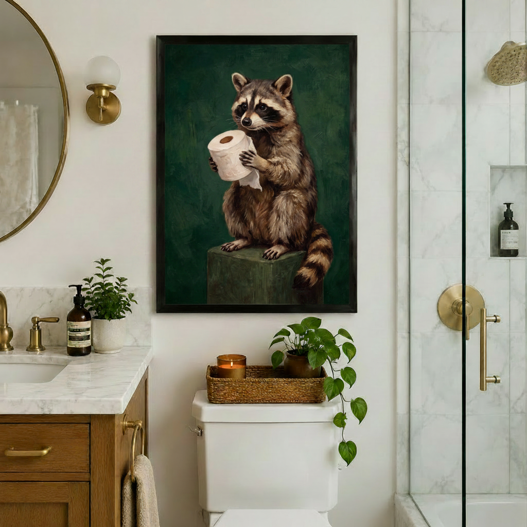 Funny Raccoon Toilet Paper Bathroom Canvas Art